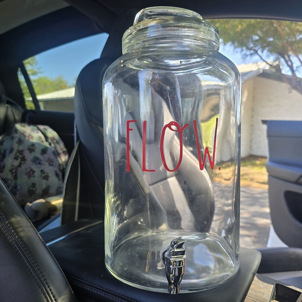 Rae Dunn Glass Beverage Dispenser With Spigot & Lid "Flow." 2 Gallons Clear - Picture 2 of 4